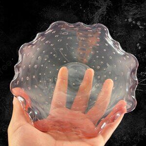 Hand Blown Art Glass Dish Bowl Ruffled Edges Purple Amethyst Glass Bullicante